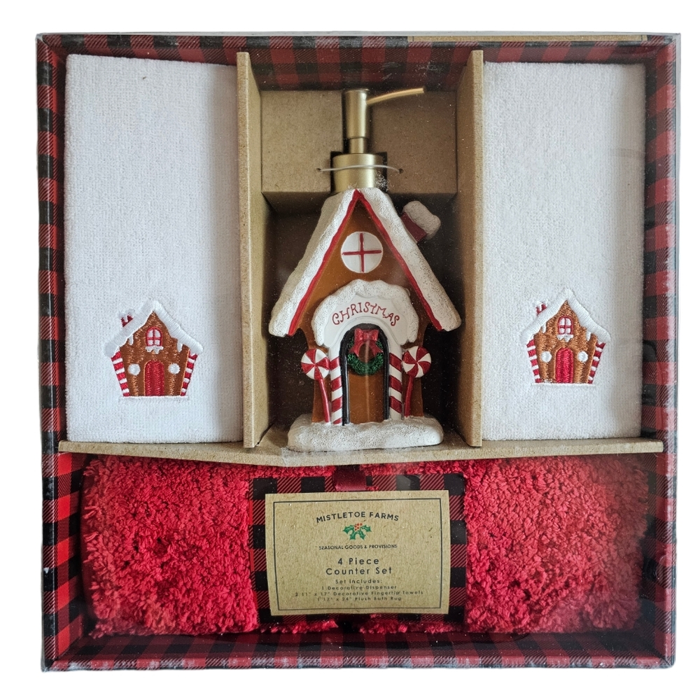 4pc Mistletoe Farms Christmas Gingerbread House Bath Set New